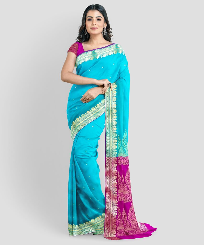 Self Design, Woven Banarasi Polyester Saree  (Magenta, Light Blue)
